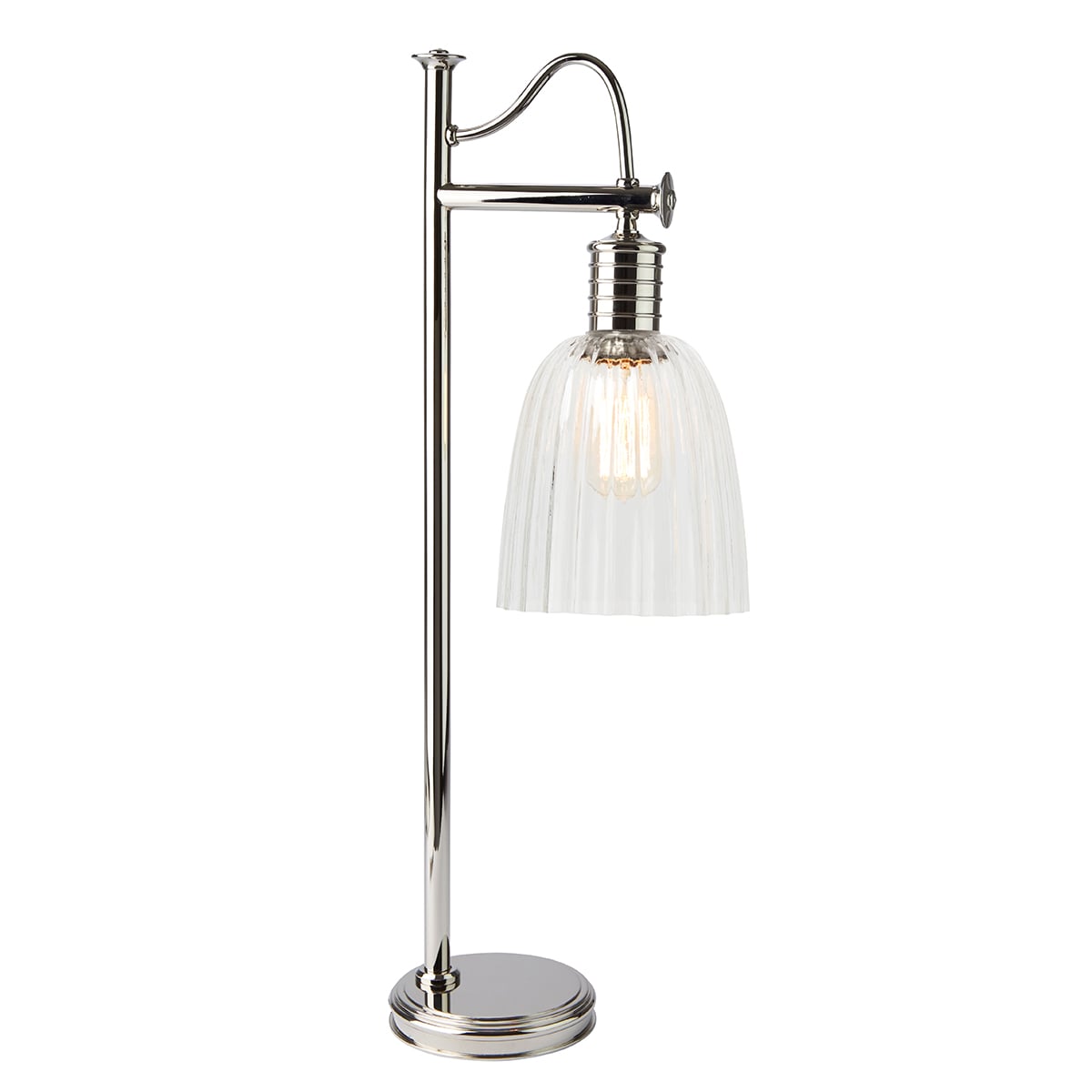 Brackenfield Industrial Table Lamp in Polished Nickel with Ribbed Glass Shade