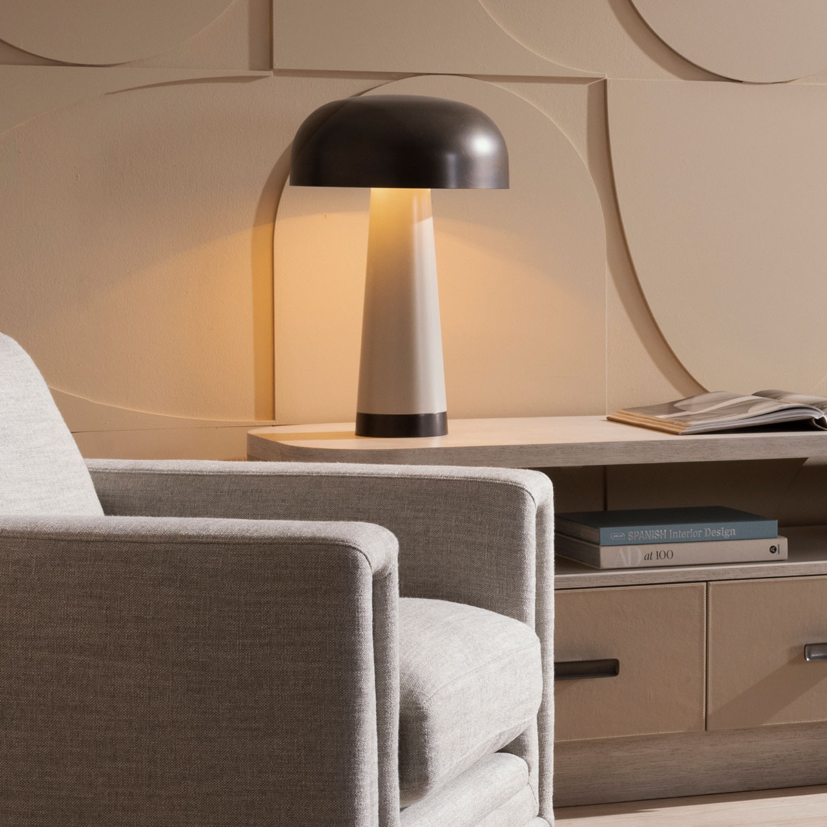 Brackenmoor Mushroom Table Lamp in English Bronze and Taupe Brackenmoor Mushroom Table Lamp in English Bronze and Taupe — in situ view
