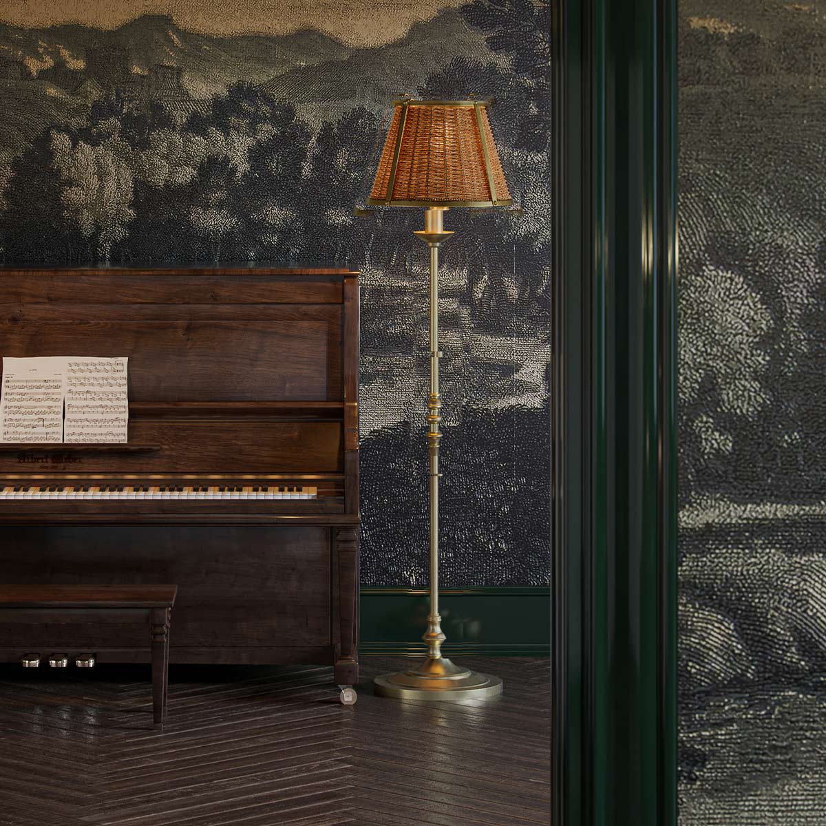 Cape Fenwick French Provincial Floor Lamp Polished Brass and Seagrass Cape Fenwick French Provincial Floor Lamp Polished Brass and Seagrass — in situ view