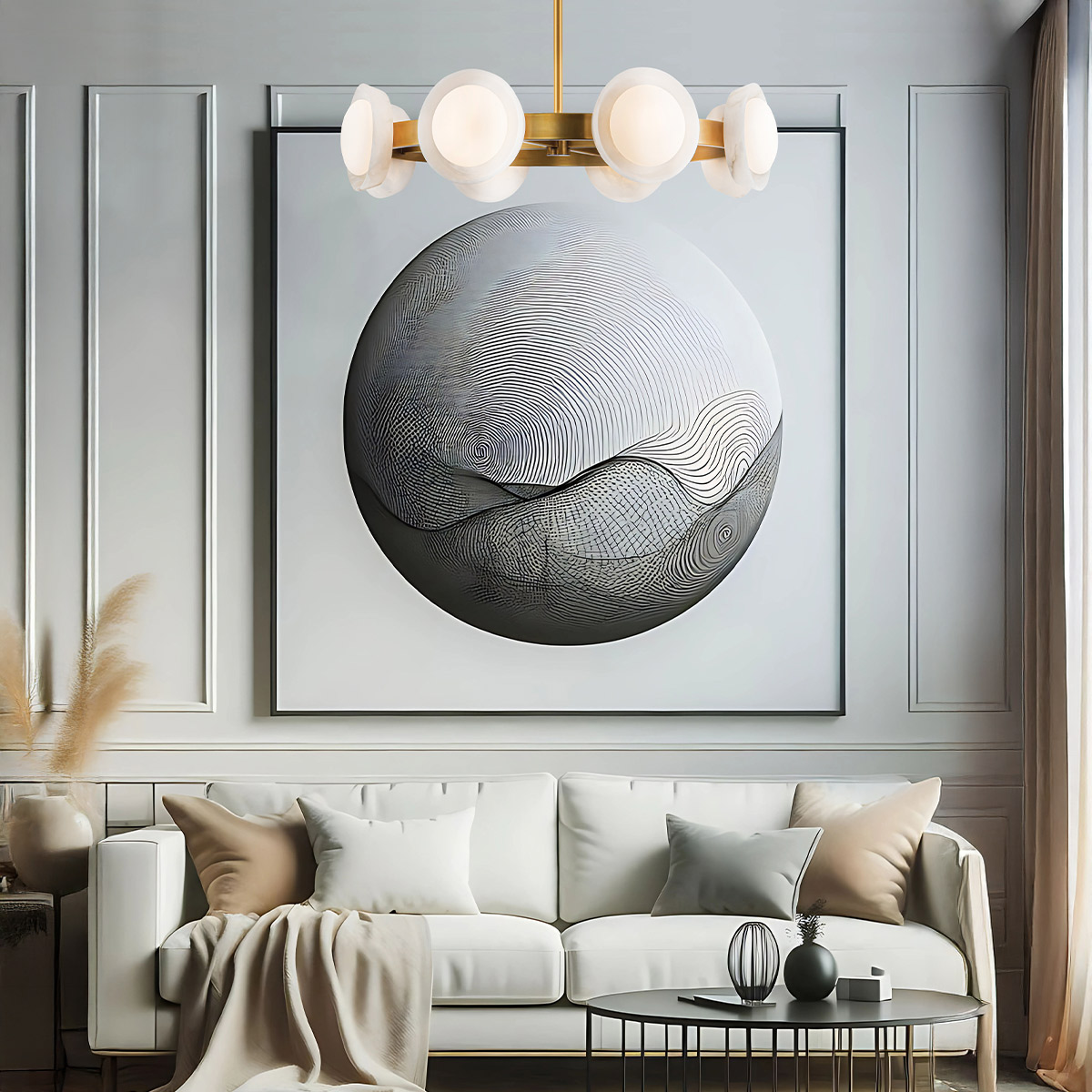 Castellan Retro Modern Alabaster Wheel Chandelier Vintage Brass Castellan Retro Modern Alabaster Wheel Chandelier Vintage Brass — in situ view