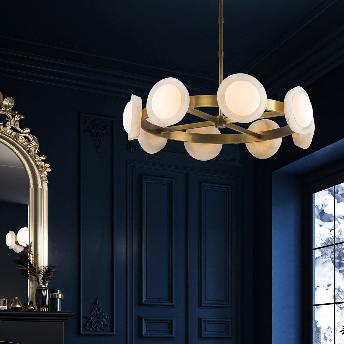 Castellan Retro Modern Alabaster Wheel Chandelier Vintage Brass Castellan Retro Modern Alabaster Wheel Chandelier Vintage Brass — in situ view