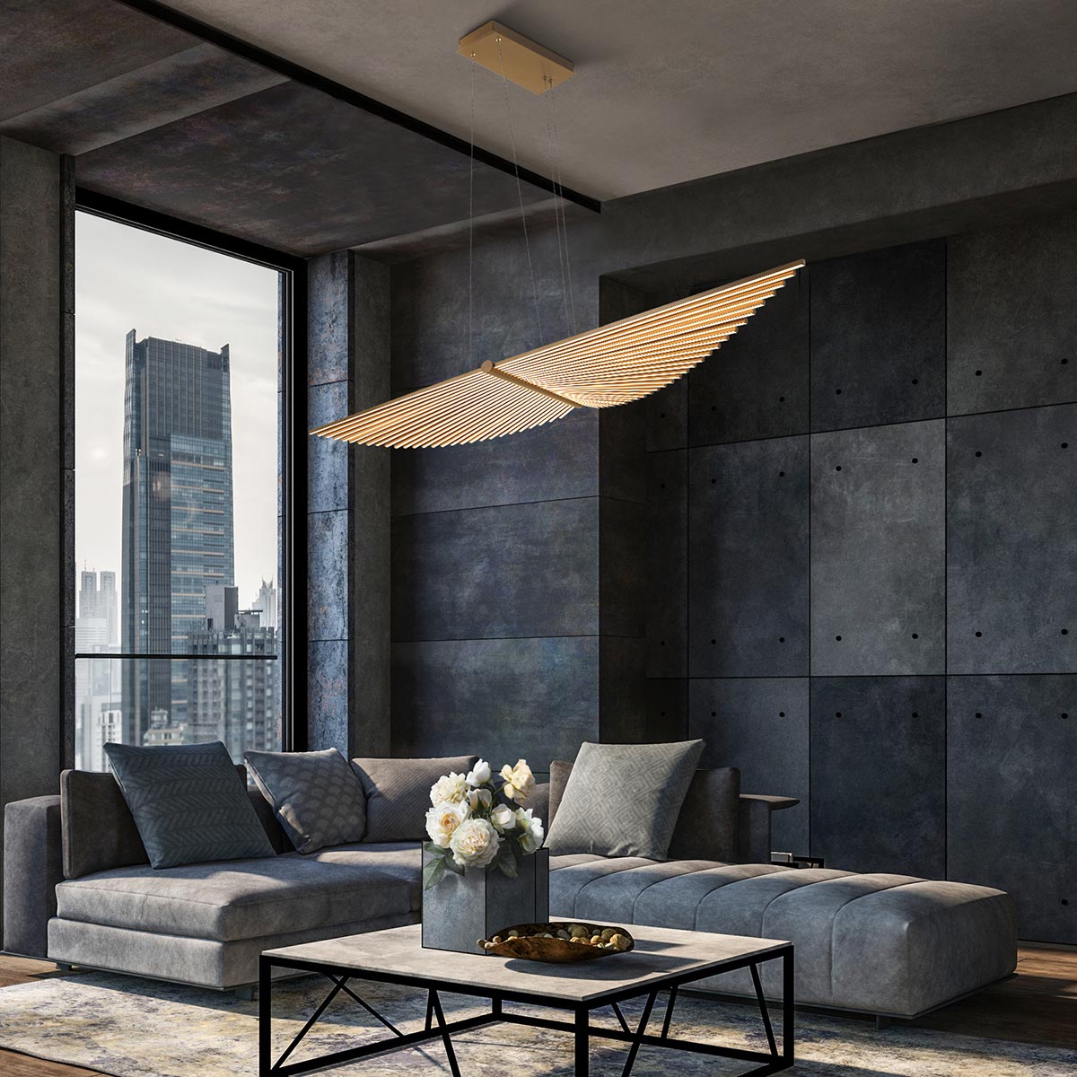 Celestine Grand Contemporary Winged Chandelier Brushed Gold Celestine Grand Contemporary Winged Chandelier Brushed Gold — in situ view