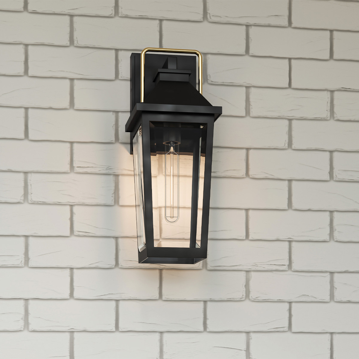 Coastal Reach Hamptons Outdoor Wall Lantern Matt Black & Brass Coastal Reach Hamptons Outdoor Wall Lantern Matt Black & Brass — in situ view