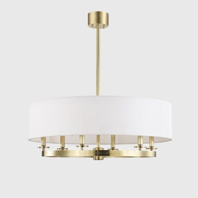 Cotesbach Transitional Drum Pendant Light Aged Brass and Off-White Linen