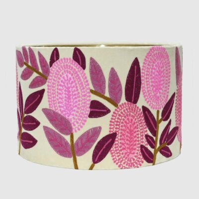 Crimson Hamptons Drum Lamp Shade Cream With Pink Banksia Embroidery