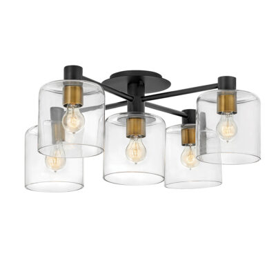 Denholm Retro Modern 5 Light Semi-Flush Ceiling Light Black and Heritage Brass