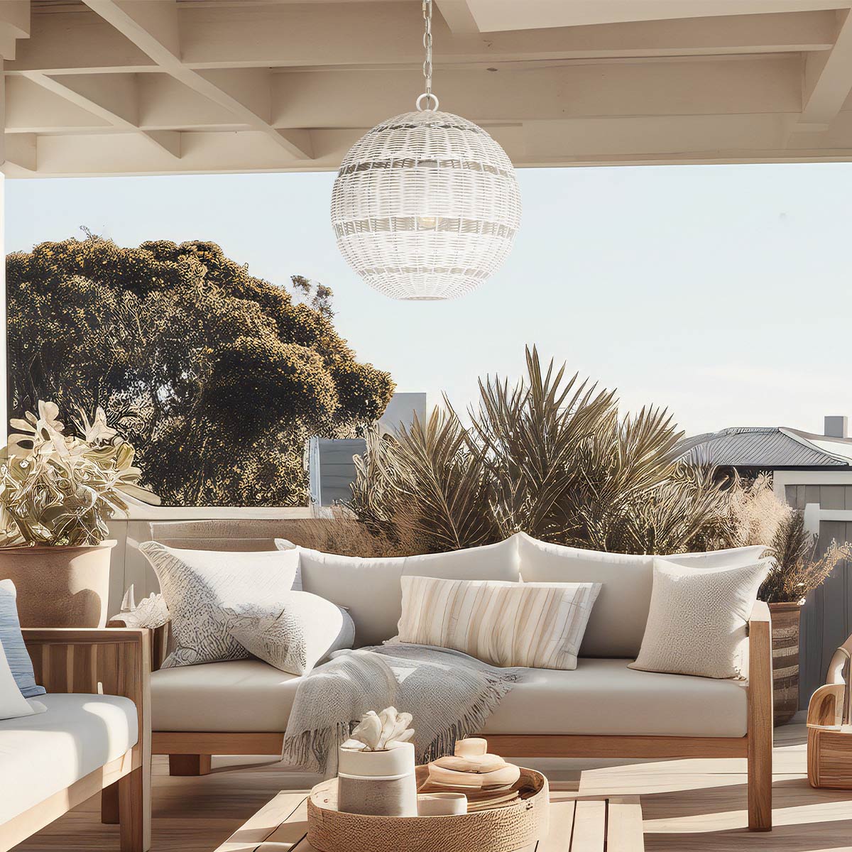 Elmshire Hamptons Woven Rattan Globe Pendant in Antique White Elmshire Hamptons Woven Rattan Globe Pendant in Antique White — in situ view