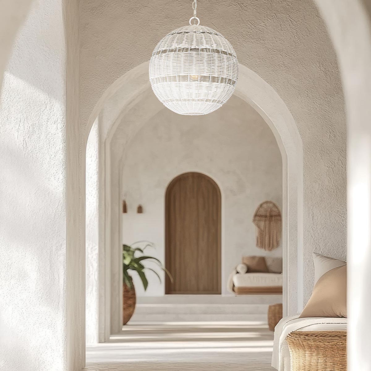 Elmshire Hamptons Woven Rattan Globe Pendant in Antique White Elmshire Hamptons Woven Rattan Globe Pendant in Antique White — in situ view