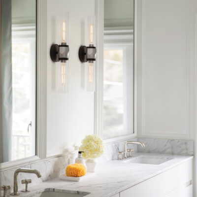 Farringdon Contemporary Twin Wall Light Black With Brushed Nickel — in situ view