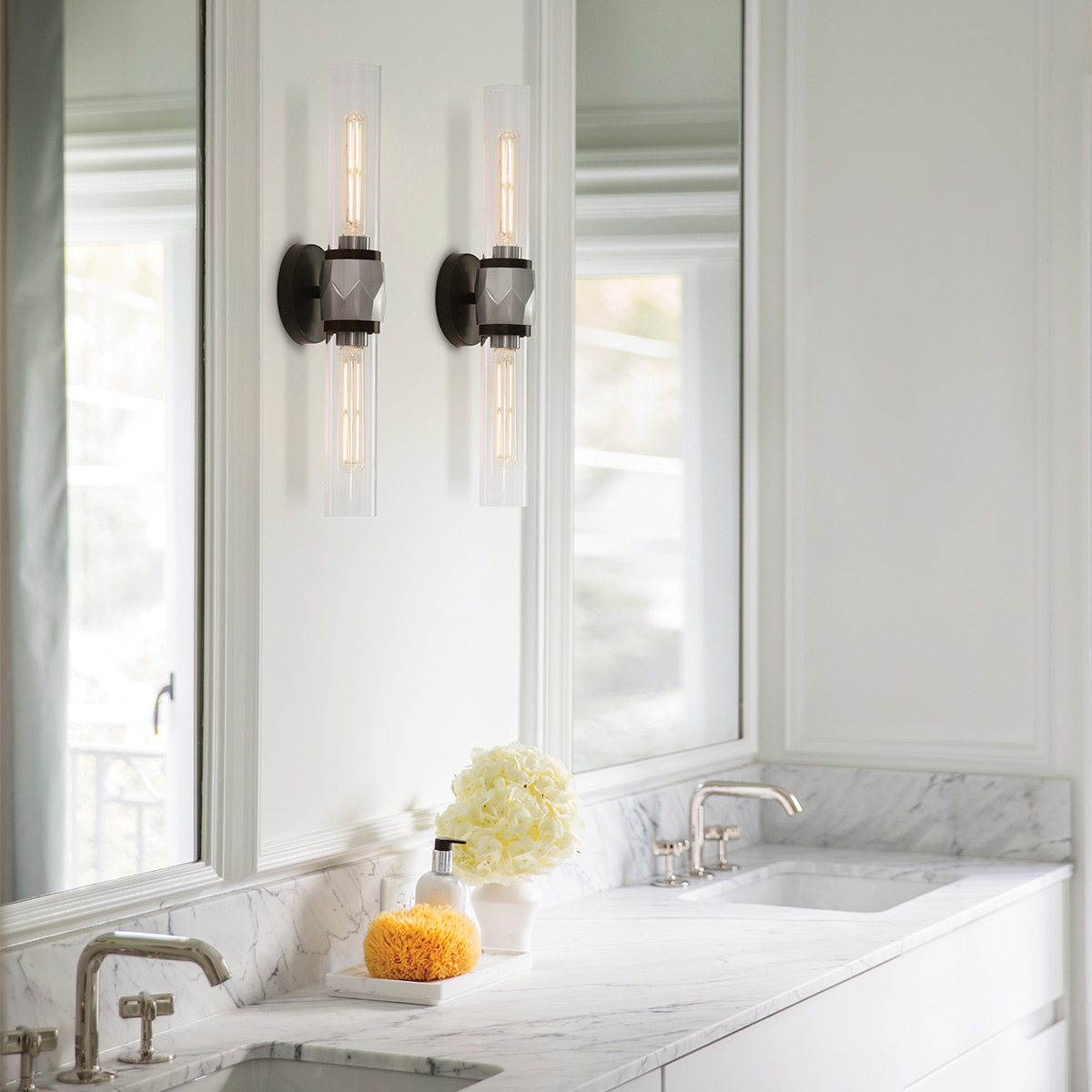Farringdon Contemporary Twin Wall Light Black With Brushed Nickel Farringdon Contemporary Twin Wall Light Black With Brushed Nickel — in situ view