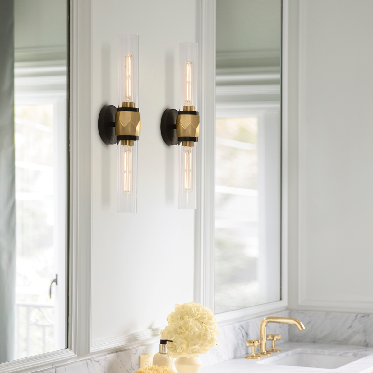 Farringdon Contemporary Twin Wall Light Black With Heritage Brass Farringdon Contemporary Twin Wall Light Black With Heritage Brass — in situ view