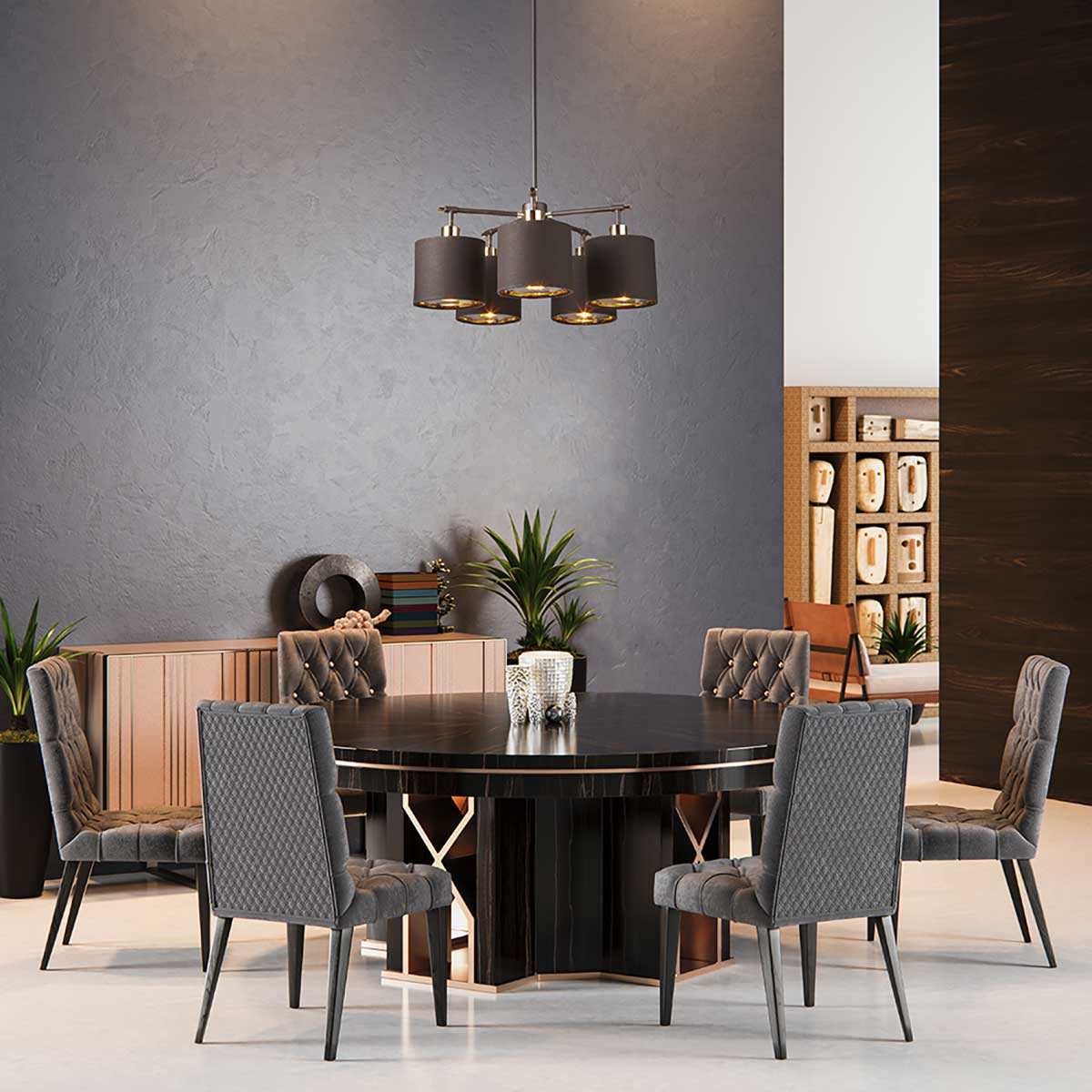 Fenchurch Transitional 5 Light Chandelier Brown and Polished Brass Fenchurch Transitional 5 Light Chandelier Brown and Polished Brass — in situ view
