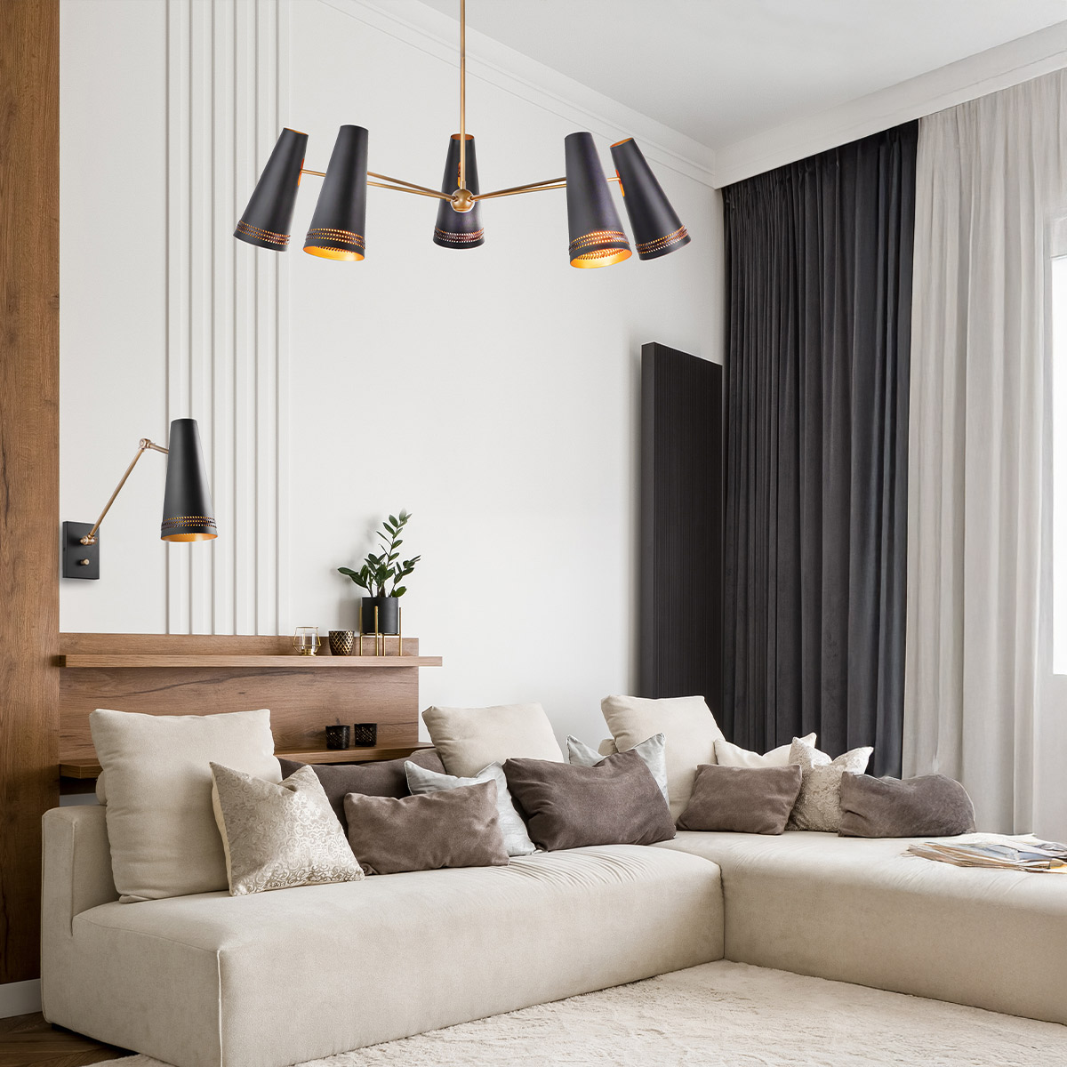Foundry Lane Retro Modern Chandelier Black And Brass Foundry Lane Retro Modern Chandelier Black And Brass — in situ view
