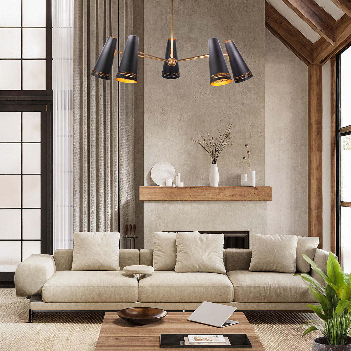 Foundry Lane Retro Modern Chandelier Black And Brass Foundry Lane Retro Modern Chandelier Black And Brass — in situ view