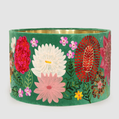 Foxglove Embroidered Drum Lamp Shade Green