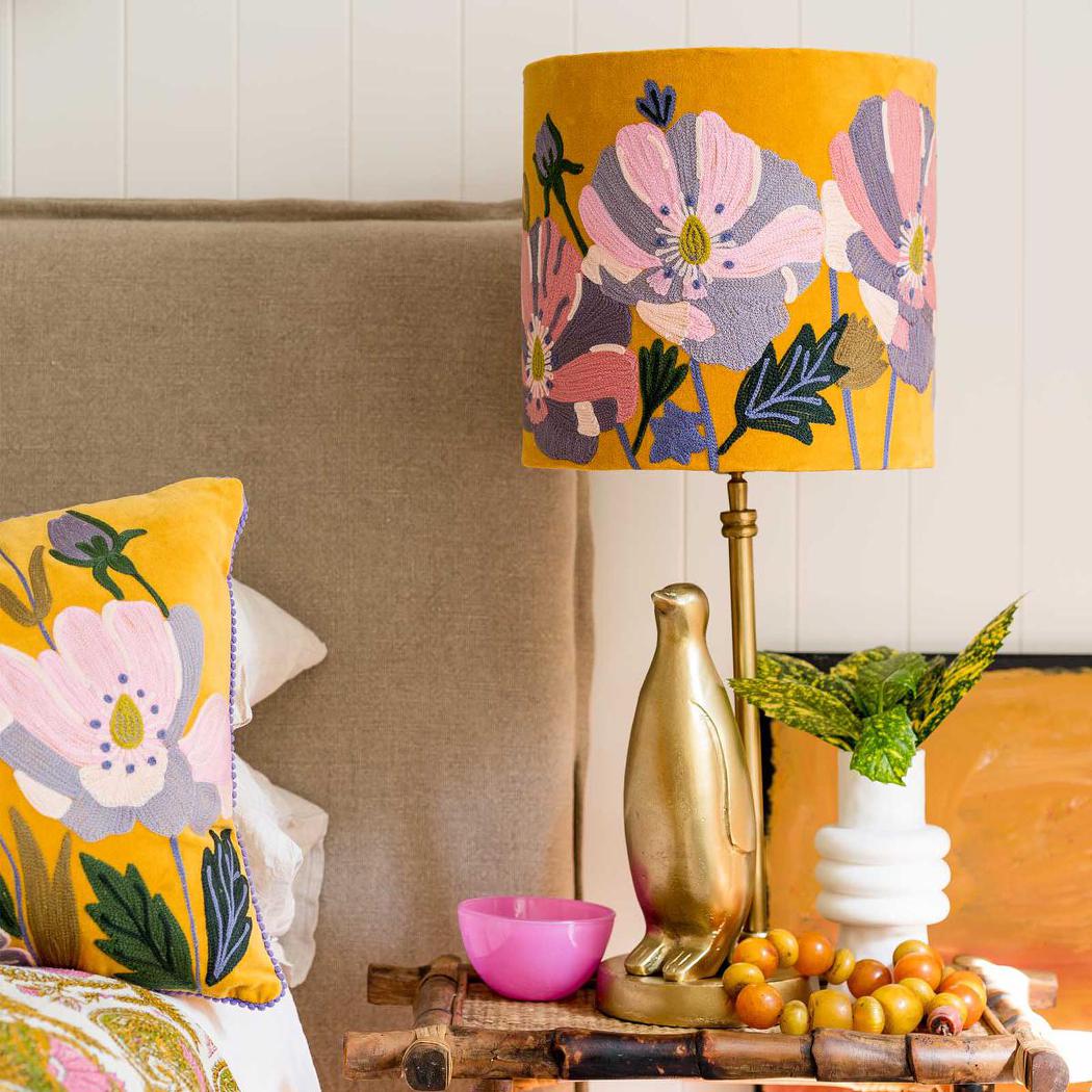 Foxglove Hamptons Embroidered Velvet Drum Lamp Shade Mustard Yellow Floral Foxglove Hamptons Embroidered Velvet Drum Lamp Shade Mustard Yellow Floral