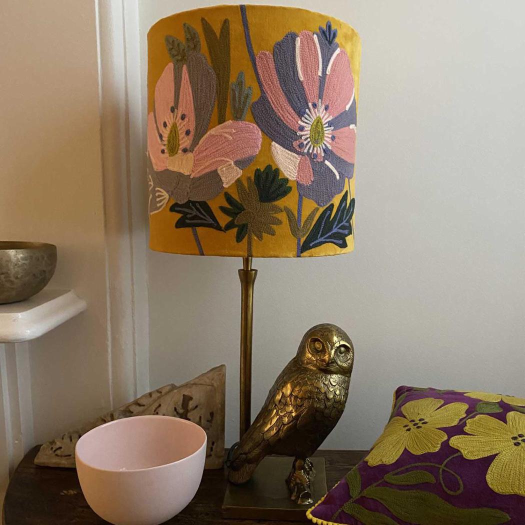 Foxglove Hamptons Embroidered Velvet Drum Lamp Shade Mustard Yellow Floral Foxglove Hamptons Embroidered Velvet Drum Lamp Shade Mustard Yellow Floral