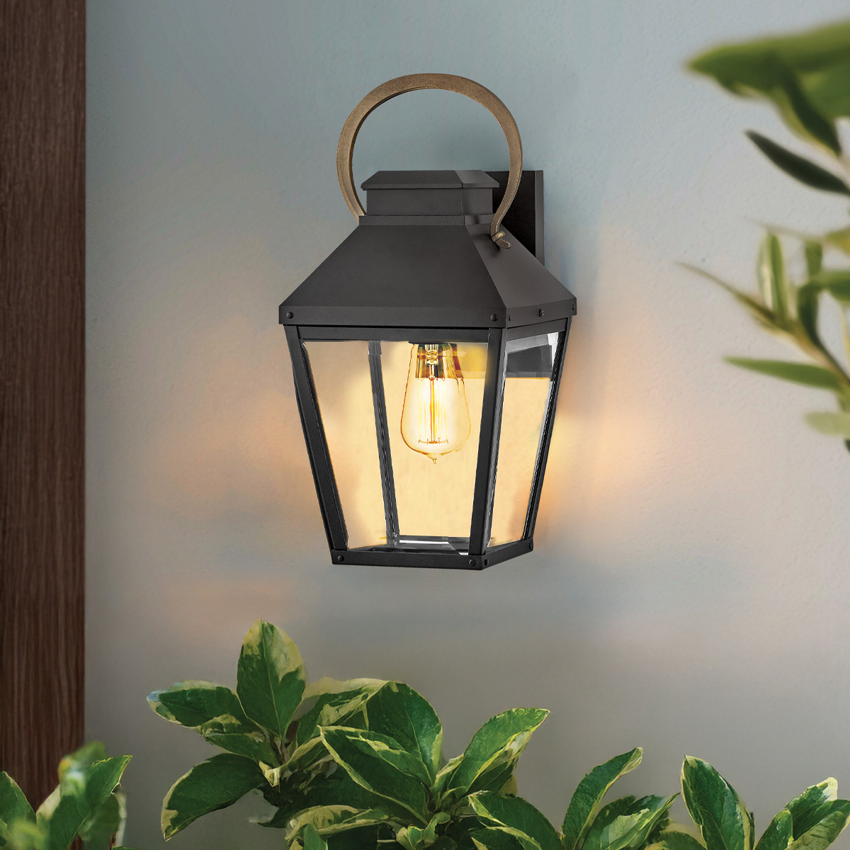 Harbourgate Traditional Outdoor Wall Lantern Black with Bronze Handle Harbourgate Traditional Outdoor Wall Lantern Black with Bronze Handle — in situ view