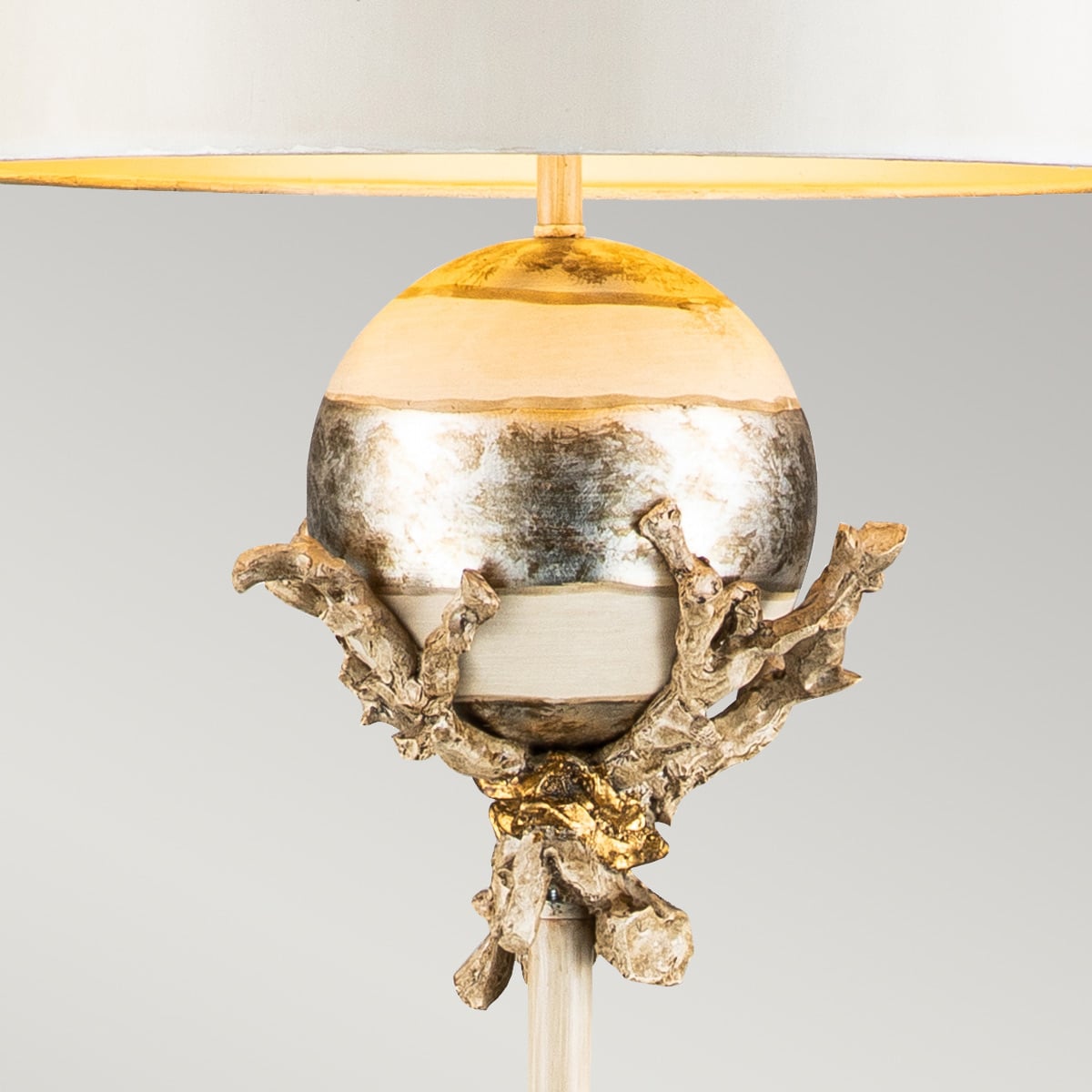 Hazelmere Gate French Provincial Floor Lamp Putty Patina and Silver Leaf — detail view