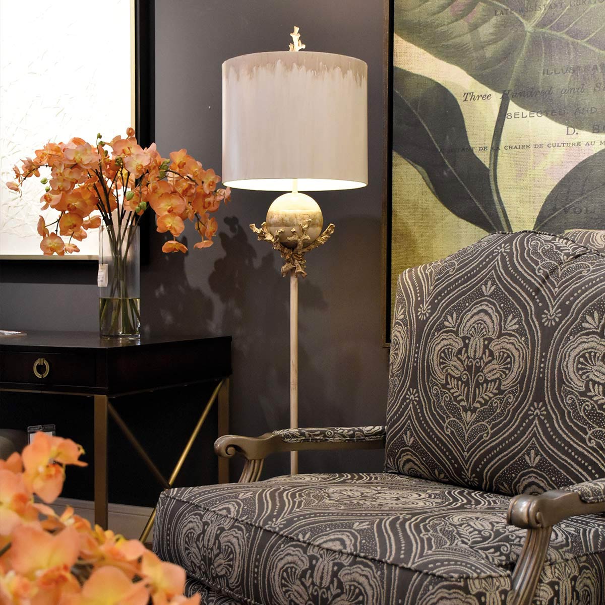Hazelmere Gate French Provincial Floor Lamp Putty Patina and Silver Leaf — in situ view