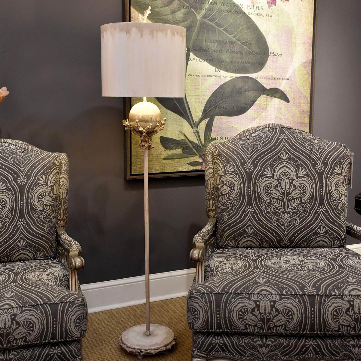 Hazelmere Gate French Provincial Floor Lamp Putty Patina and Silver Leaf — in situ view