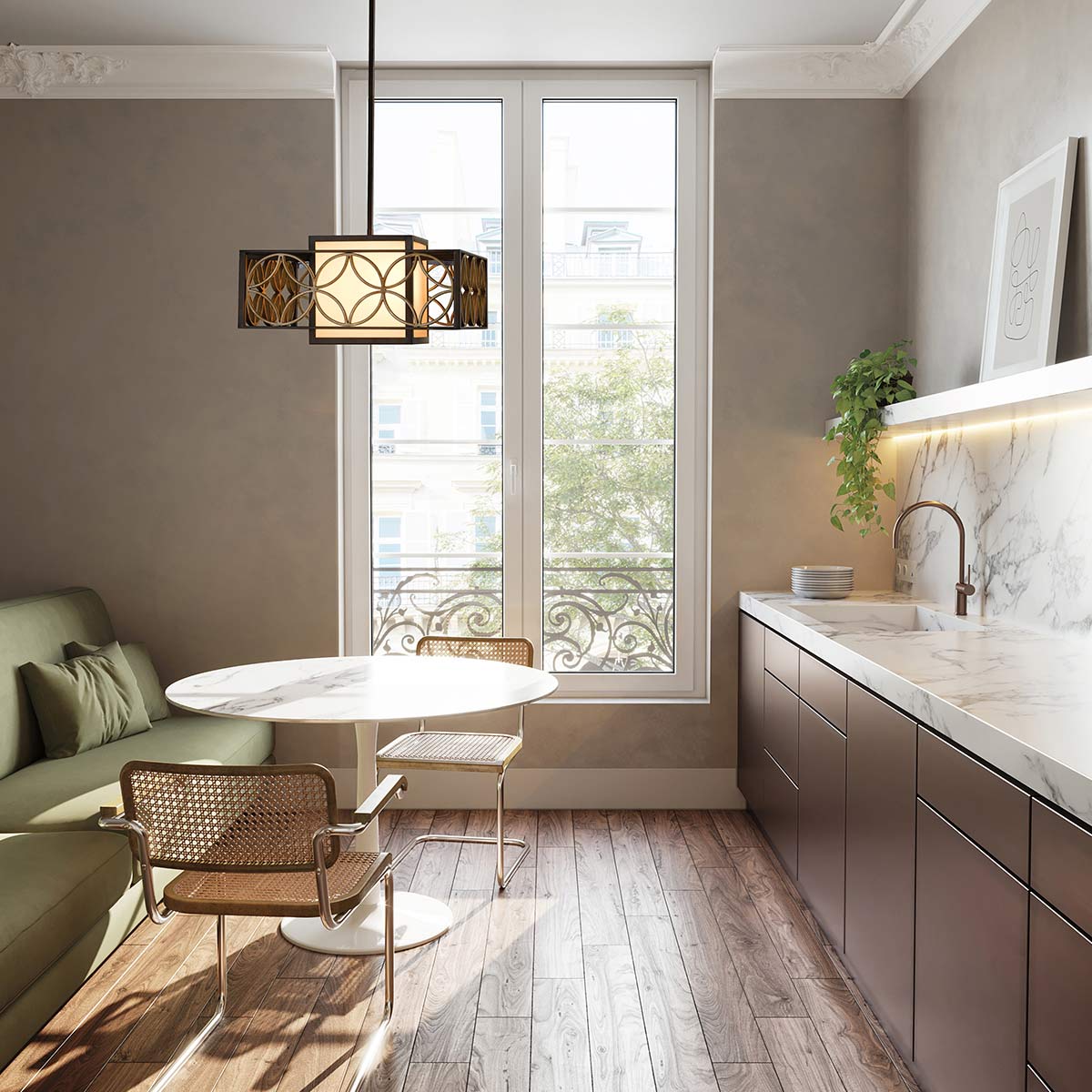 Heritage Parisienne French Provincial Box Chandelier in Bronze and Gold Heritage Parisienne French Provincial Box Chandelier in Bronze and Gold — in situ view