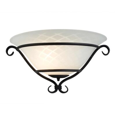 Hollowmere Flame Scroll Wall Uplighter in Black with Etched Opal Glass