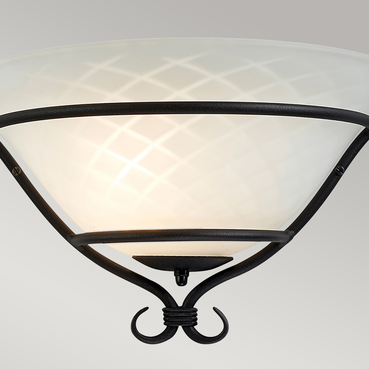 Hollowmere Flame Scroll Wall Uplighter in Black with Etched Opal Glass Hollowmere Flame Scroll Wall Uplighter in Black with Etched Opal Glass — detail view