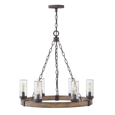 Ironbark Grove Traditional Wagon Wheel Outdoor Chandelier Wood Effect With Rust Iron Accents