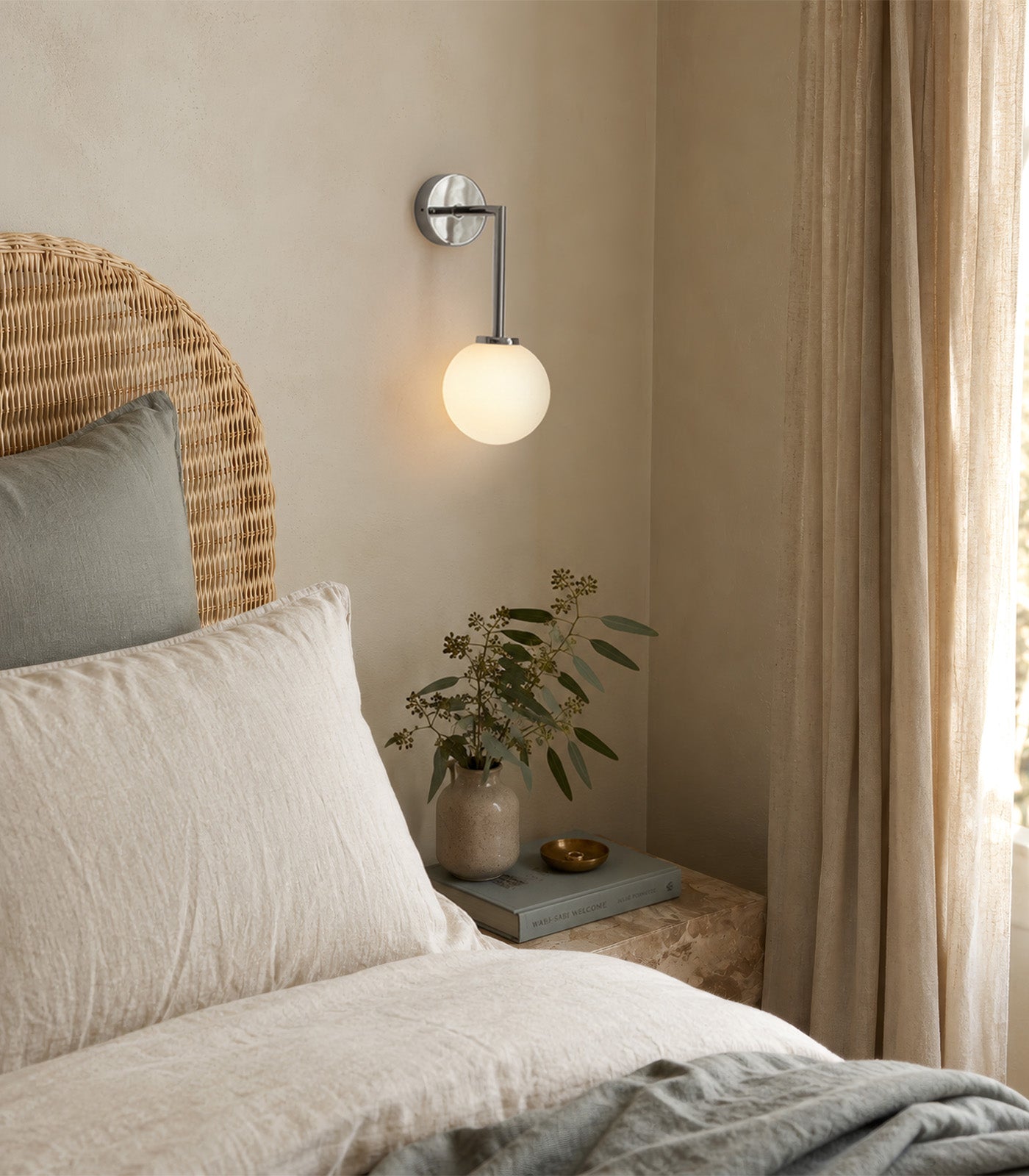 Kingsley Round Contemporary Long Arm Wall Light Chrome Kingsley Round Contemporary Long Arm Wall Light Chrome — in situ view