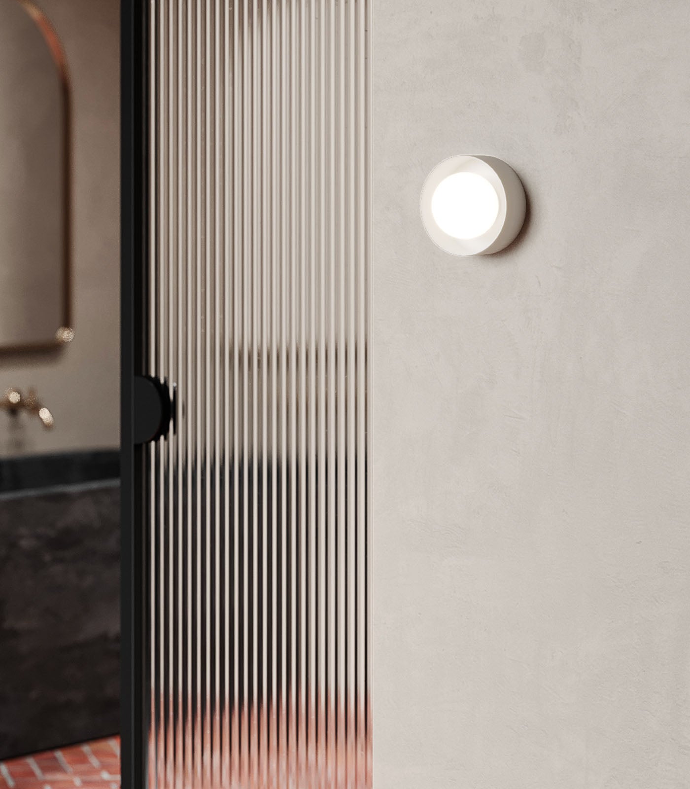 Kingsley Round Contemporary Wall Light Brushed Brass Kingsley Round Contemporary Wall Light Brushed Brass — in situ view