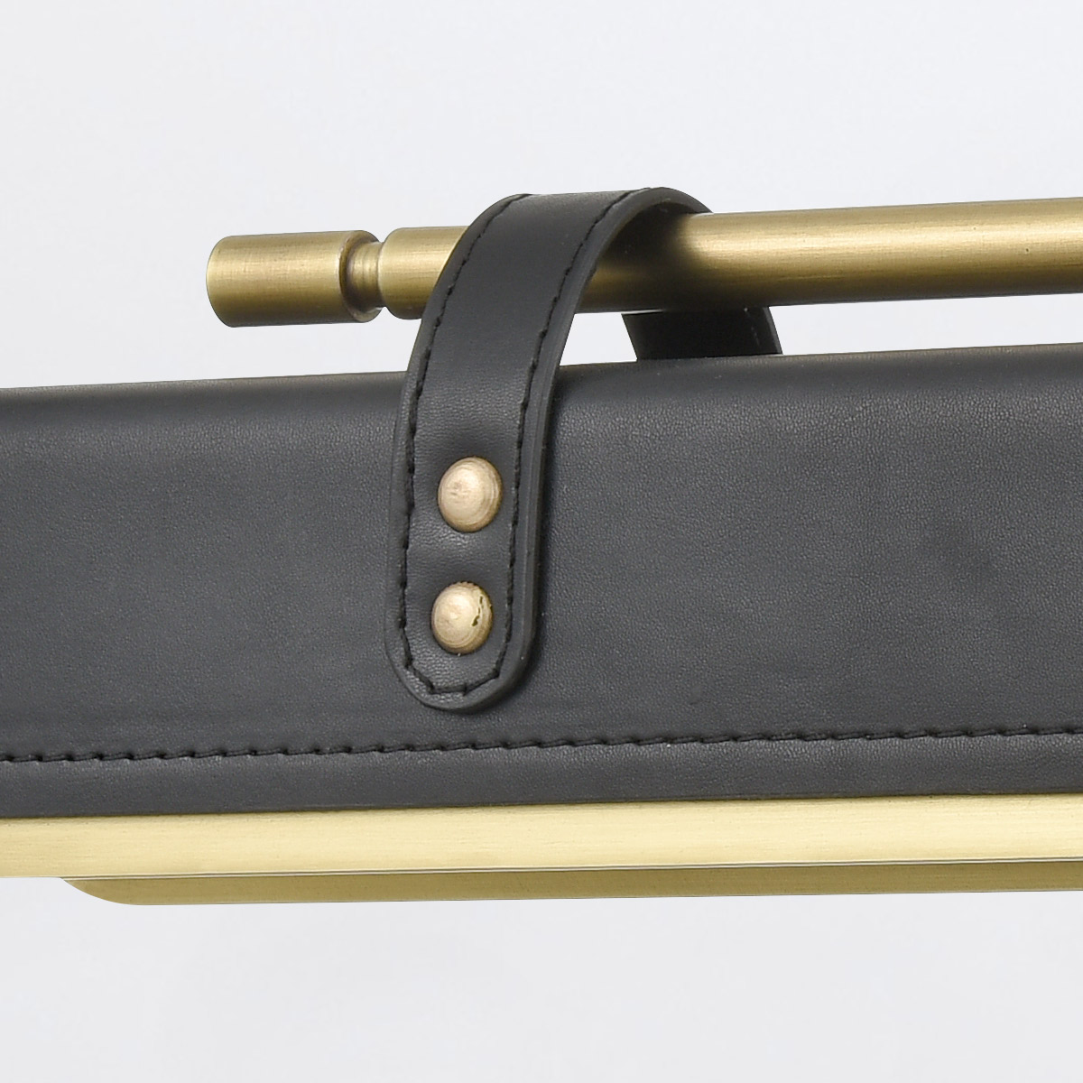 Kirrawee Gate Retro Modern Wall Light in Vintage Brass and Tuxedo Leather — detail view