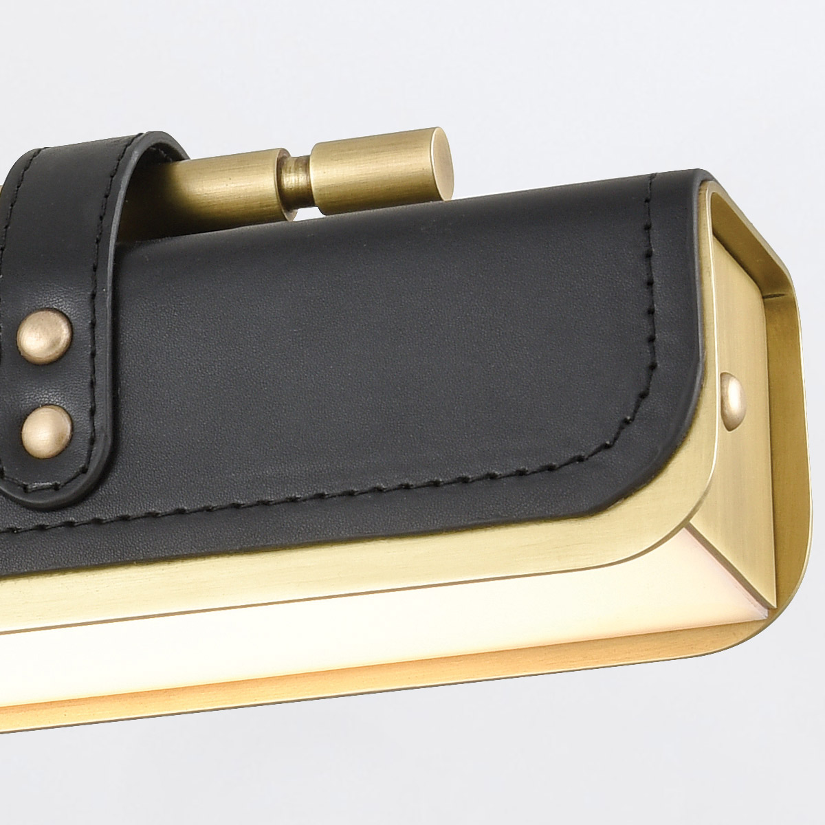 Kirrawee Gate Retro Modern Wall Light in Vintage Brass and Tuxedo Leather — detail view