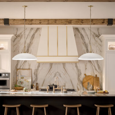 Lansdown Rose Contemporary Dome Pendant White & Champagne Bronze — in situ view