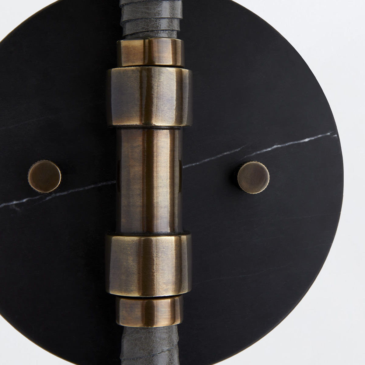 Larchbrook Retro Modern Wall Light in Heritage Brass and Black Larchbrook Retro Modern Wall Light in Heritage Brass and Black — detail view