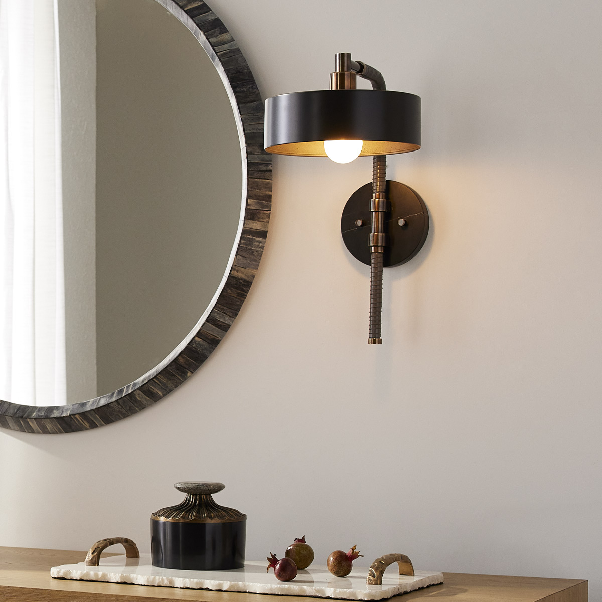 Larchbrook Retro Modern Wall Light in Heritage Brass and Black Larchbrook Retro Modern Wall Light in Heritage Brass and Black — in situ view