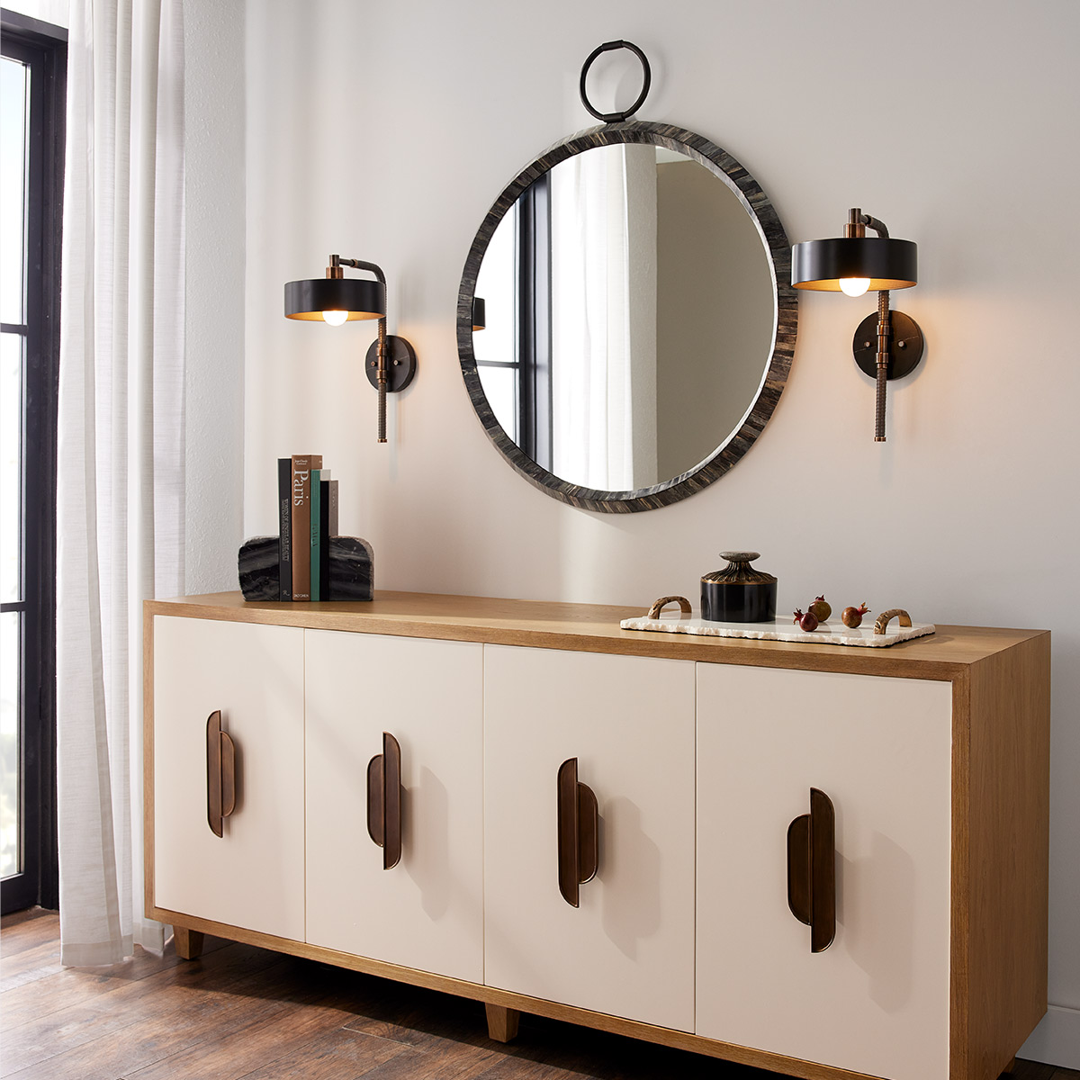 Larchbrook Retro Modern Wall Light in Heritage Brass and Black Larchbrook Retro Modern Wall Light in Heritage Brass and Black — in situ view