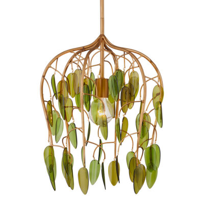 Larkhollow Artistic Pendant in Brass and Green Glass Leaf