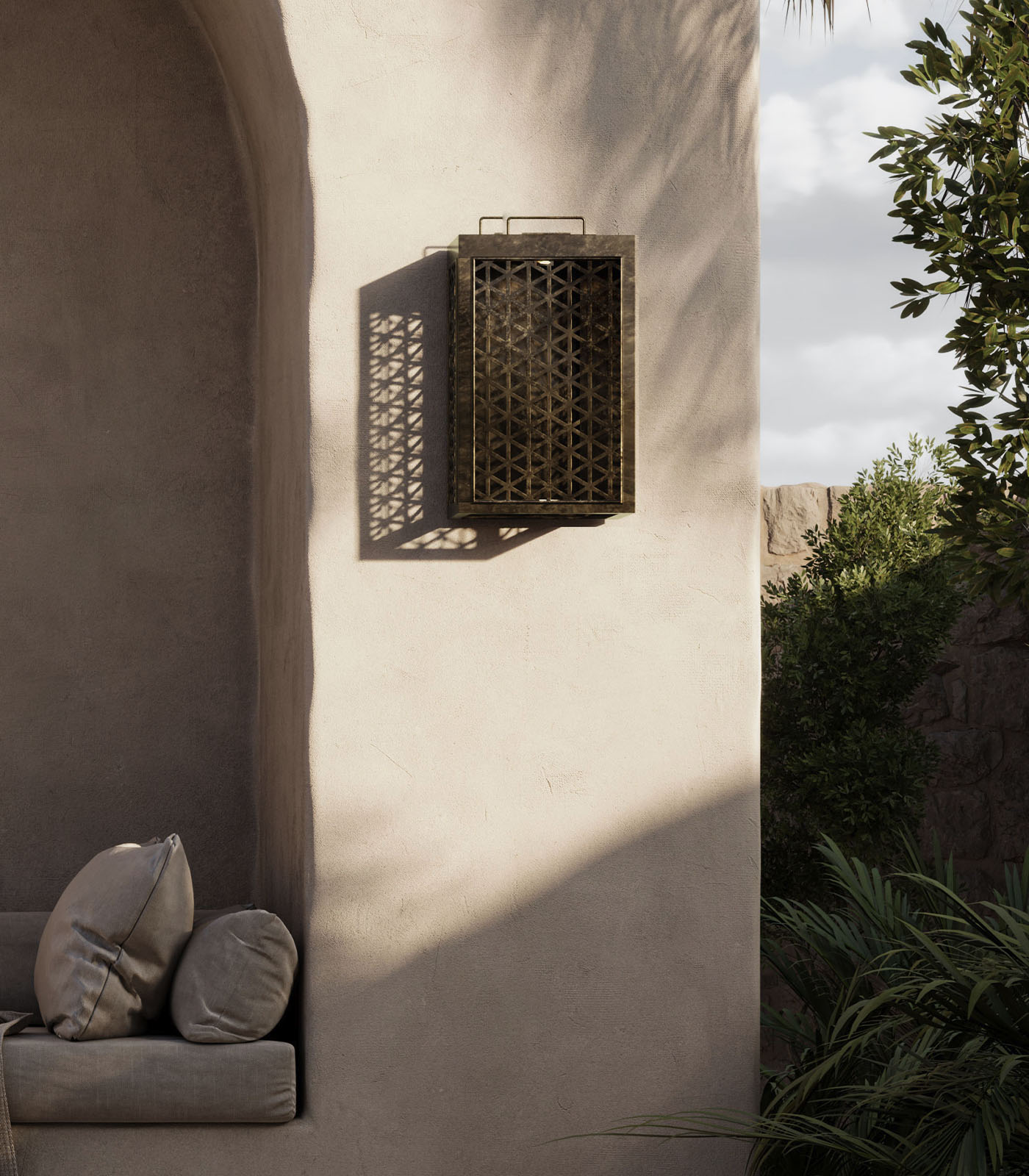 Latticewood Moroccan Style Perforated Brass Outdoor Wall Light Antique Brass Latticewood Moroccan Style Perforated Brass Outdoor Wall Light Antique Brass