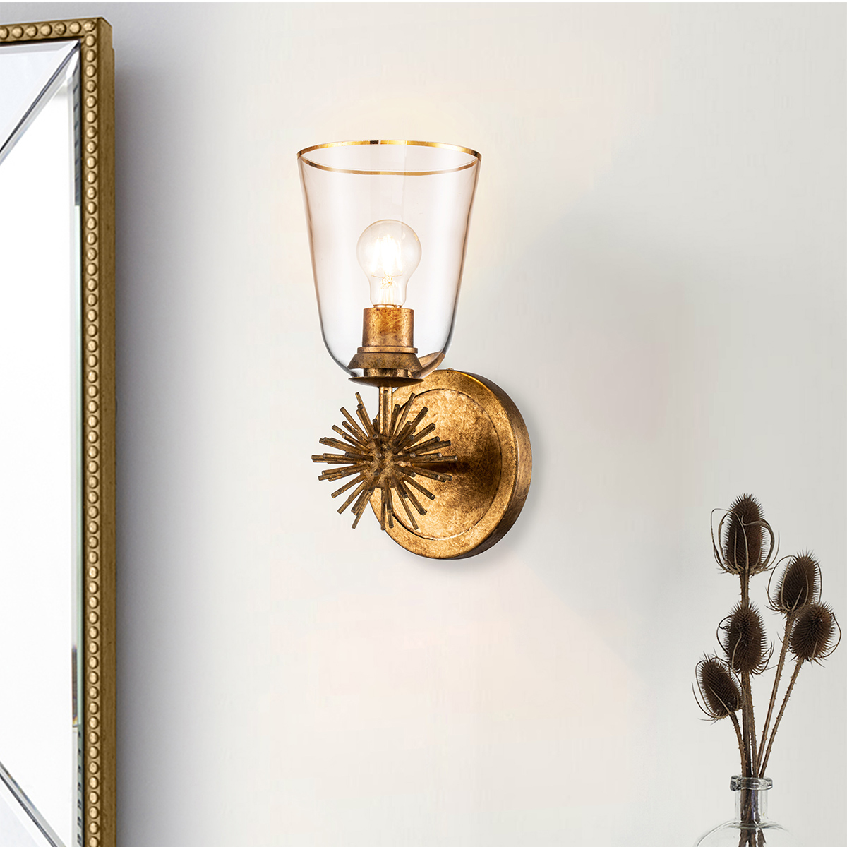Lumsden French Provincial Sunburst Wall Light Distressed Gold Lumsden French Provincial Sunburst Wall Light Distressed Gold — in situ view