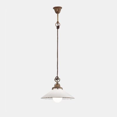Murano Farmhouse Cone Pendant Light Antique Brass and White Glass
