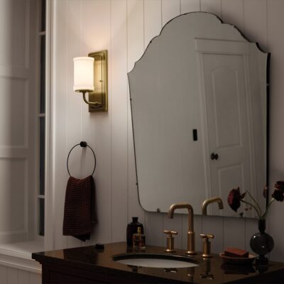 Norwood Cross Hamptons Bathroom Wall Light Natural Brass — in situ view