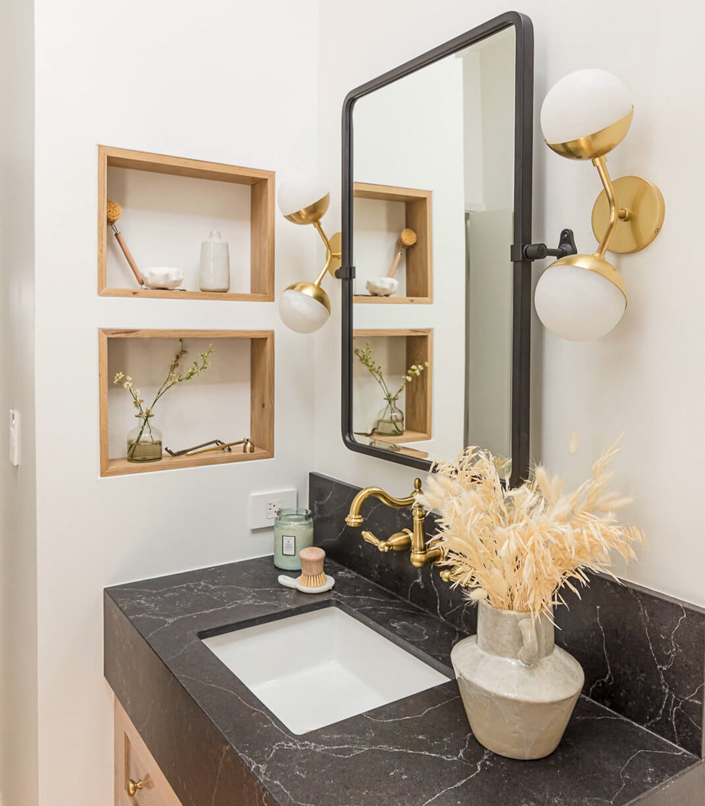 Overton Springs Contemporary Double Globe Wall Light Aged Brass and White Overton Springs Contemporary Double Globe Wall Light Aged Brass and White