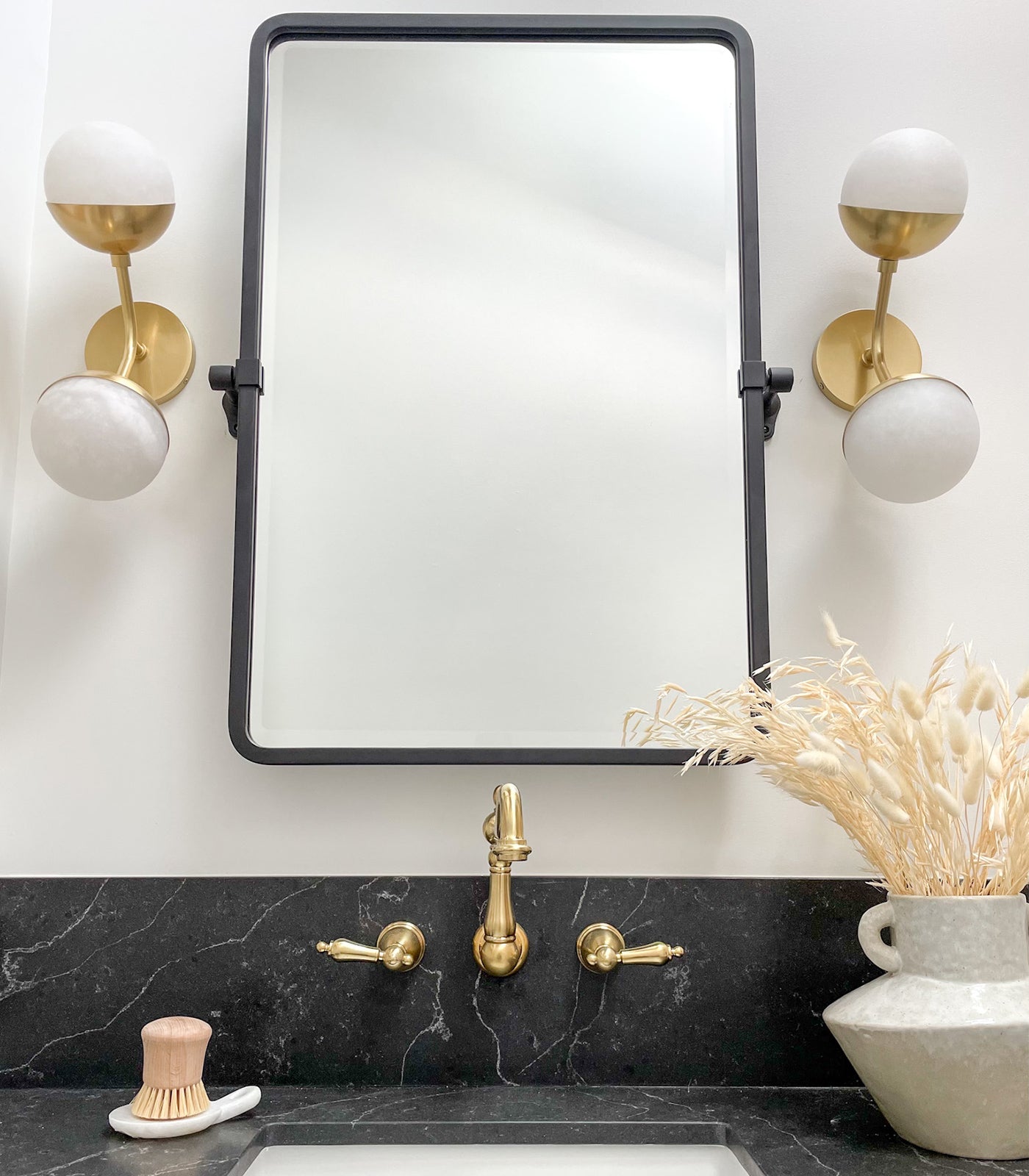 Overton Springs Contemporary Double Globe Wall Light Aged Brass and White Overton Springs Contemporary Double Globe Wall Light Aged Brass and White
