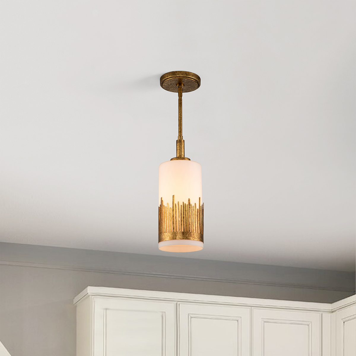 Palm Estuary Artistic Pendant Gold Leaf with Antique Glaze Palm Estuary Artistic Pendant Gold Leaf with Antique Glaze — in situ view