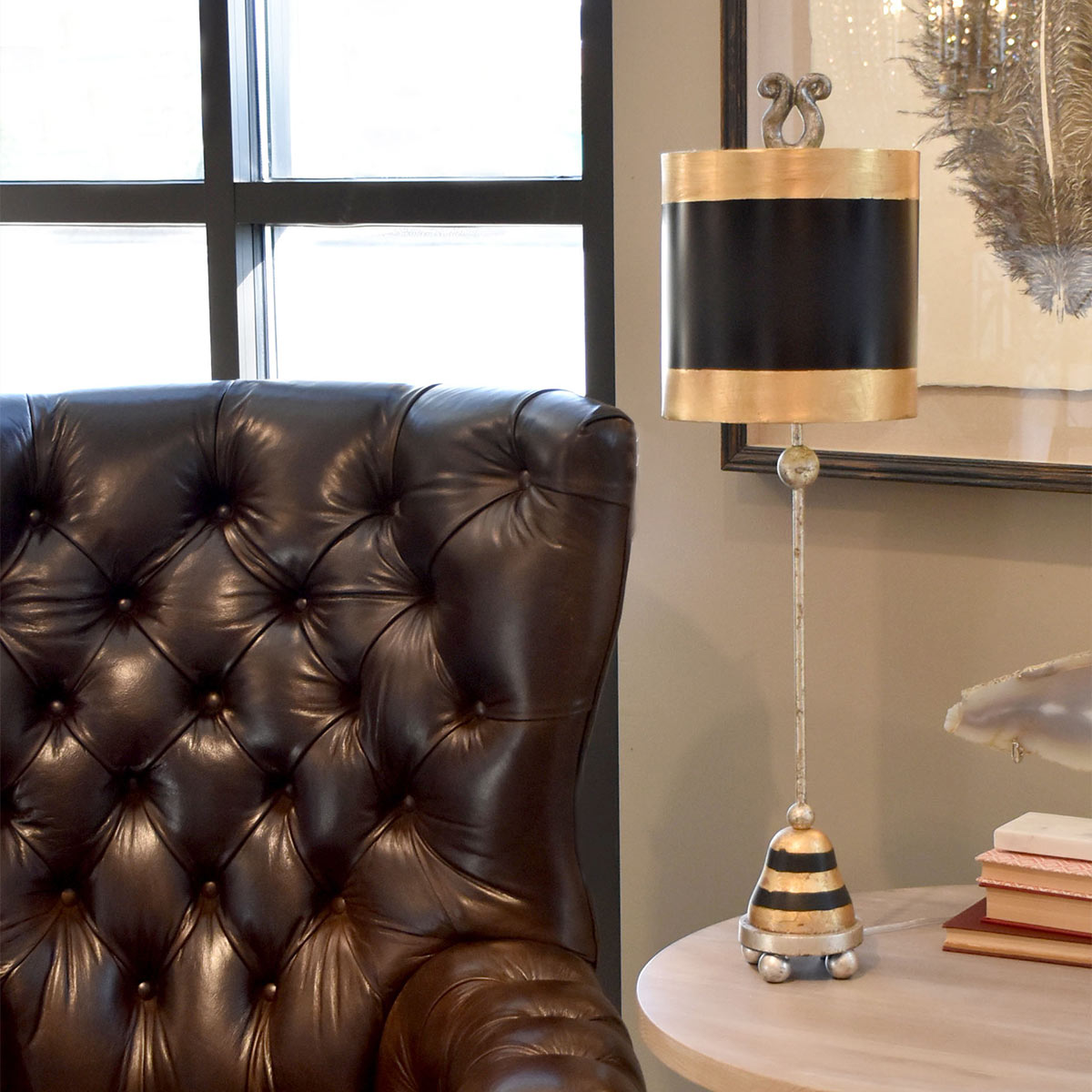 Persimmon Court Black And Gold Table Lamp With Silver Leaf Base Persimmon Court Black And Gold Table Lamp With Silver Leaf Base — in situ view