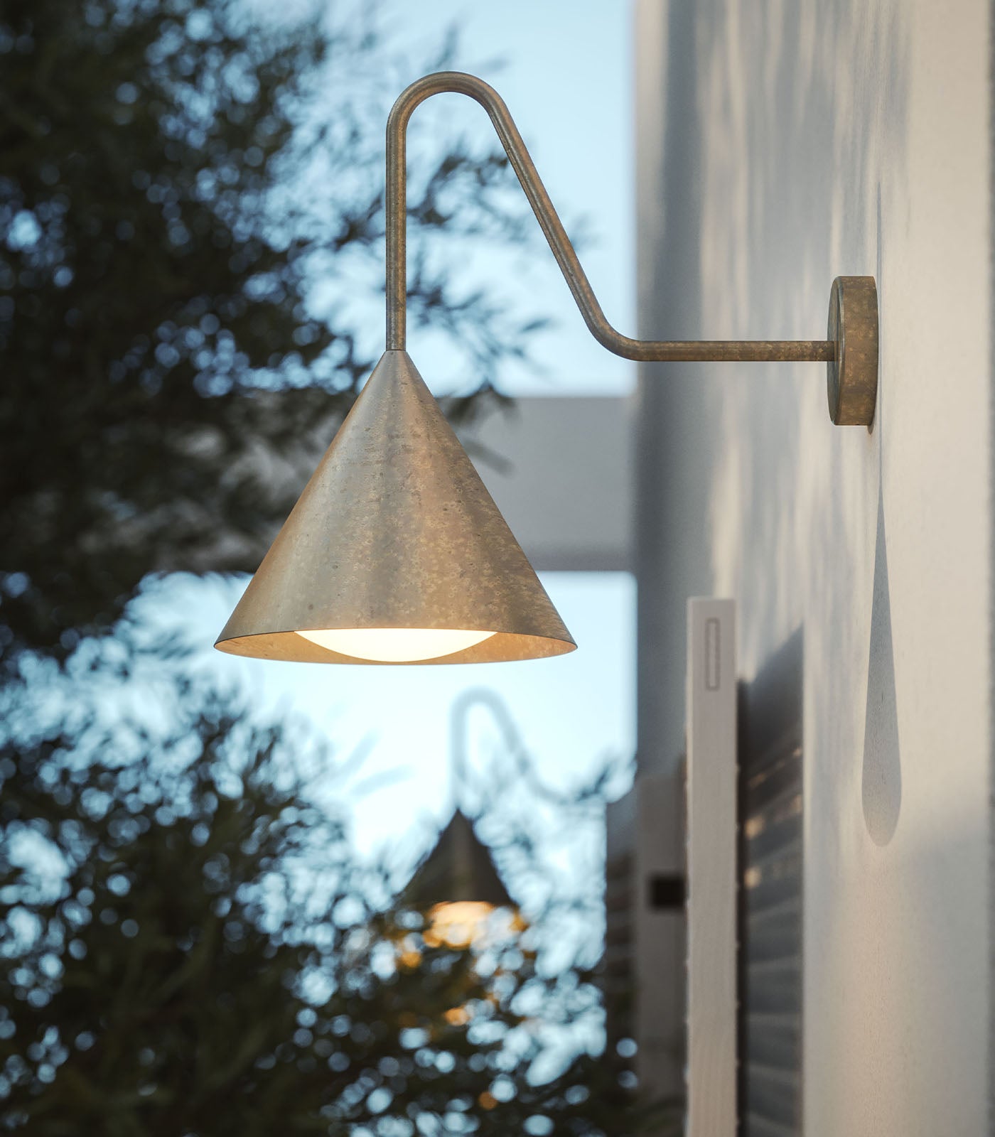 Pinehollow Gooseneck Outdoor Wall Light Antique Brass — in situ view