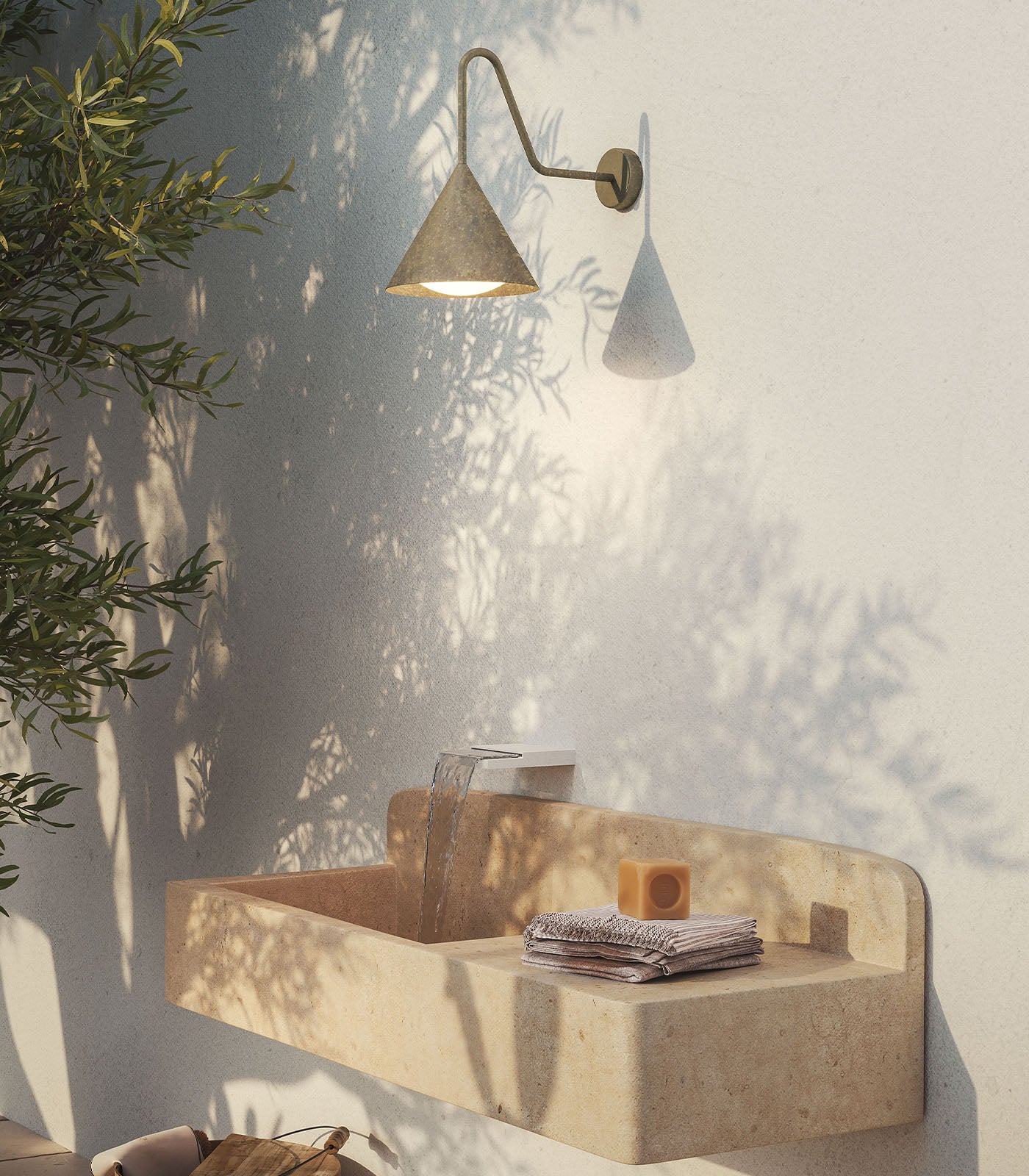 Pinehollow Gooseneck Outdoor Wall Light Antique Brass — in situ view