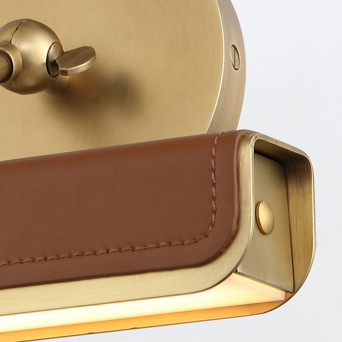 Rathmore Vale Brass Wall Light with Cognac Leather Rathmore Vale Brass Wall Light with Cognac Leather — detail view