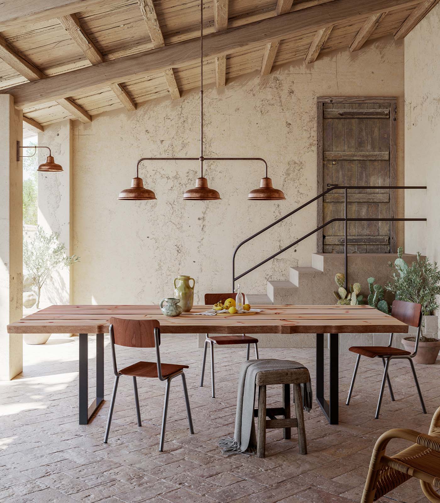 Ravenna Industrial Three-Light Linear Pendant Antique Copper and Brass Ravenna Industrial Three-Light Linear Pendant Antique Copper and Brass